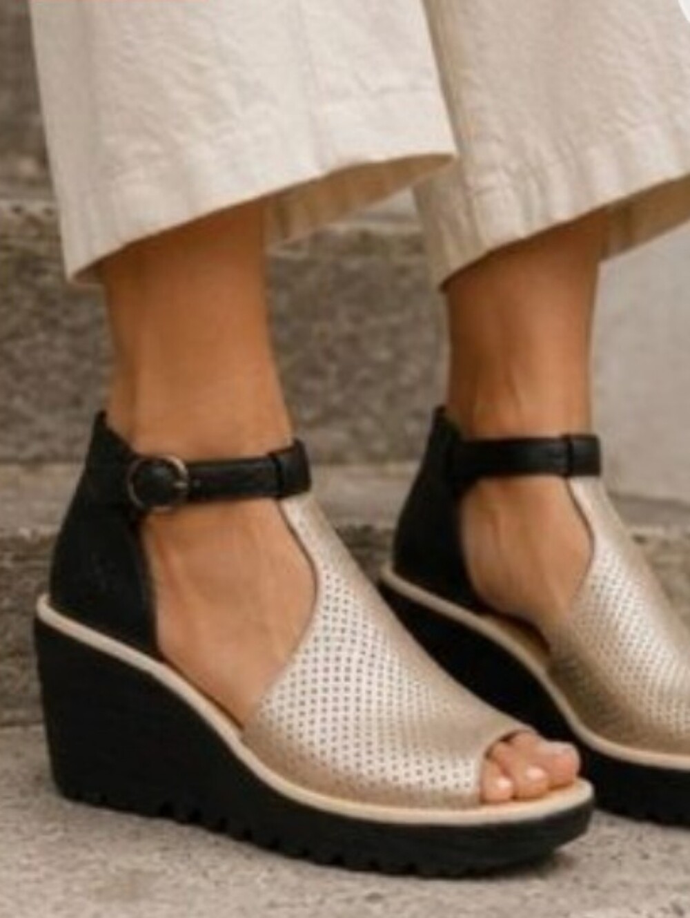 Fly London Perforated Leather Platform Wedge Sandal, Size 9, Silver/Black, Edgy